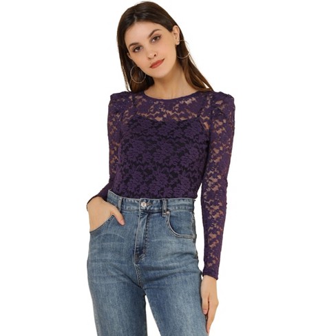 Allegra K Women's Vintage Semi-Sheer Puff Long Sleeve Embroidery Lace  Floral Blouse Purple X-Large