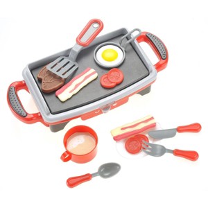 JuzToys Kids Pretend Grill Playset – BBQ Griddle Electric Set, Kitchen Cooking Toys with Play Food, Utensils, Realistic Sounds and Lights – Red/Gray - 1 of 4