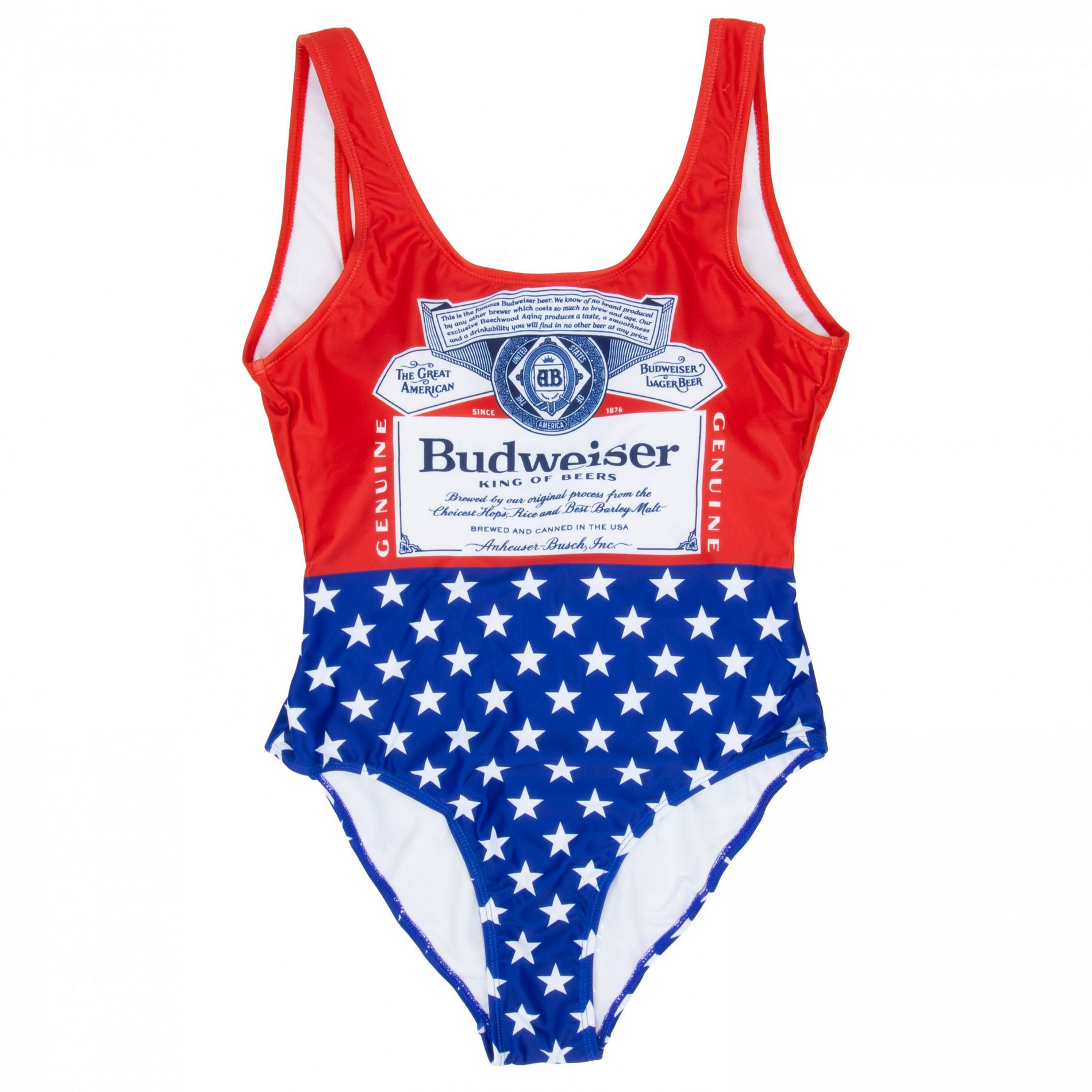 Womens Budweiser Bottle Label and Stars One-Piece Swimsuit