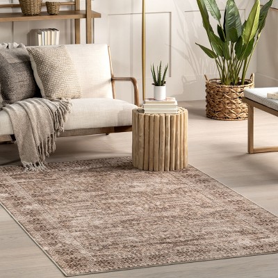 Beige and Brown Floral Synthetic Washable 4' x 6' Area Rug
