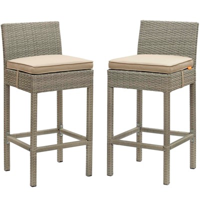 Modway Conduit Bar Stool Outdoor Patio Wicker Rattan Set of 2 - Light Gray Beige