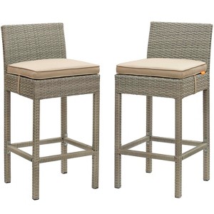 Modway Conduit Bar Stool Outdoor Patio Wicker Rattan Set of 2 - Light Gray Beige - 1 of 4