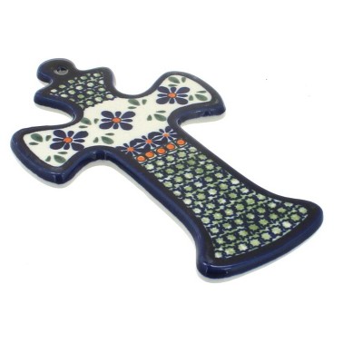 Blue Rose Polish Pottery Mosaic Flower Cross