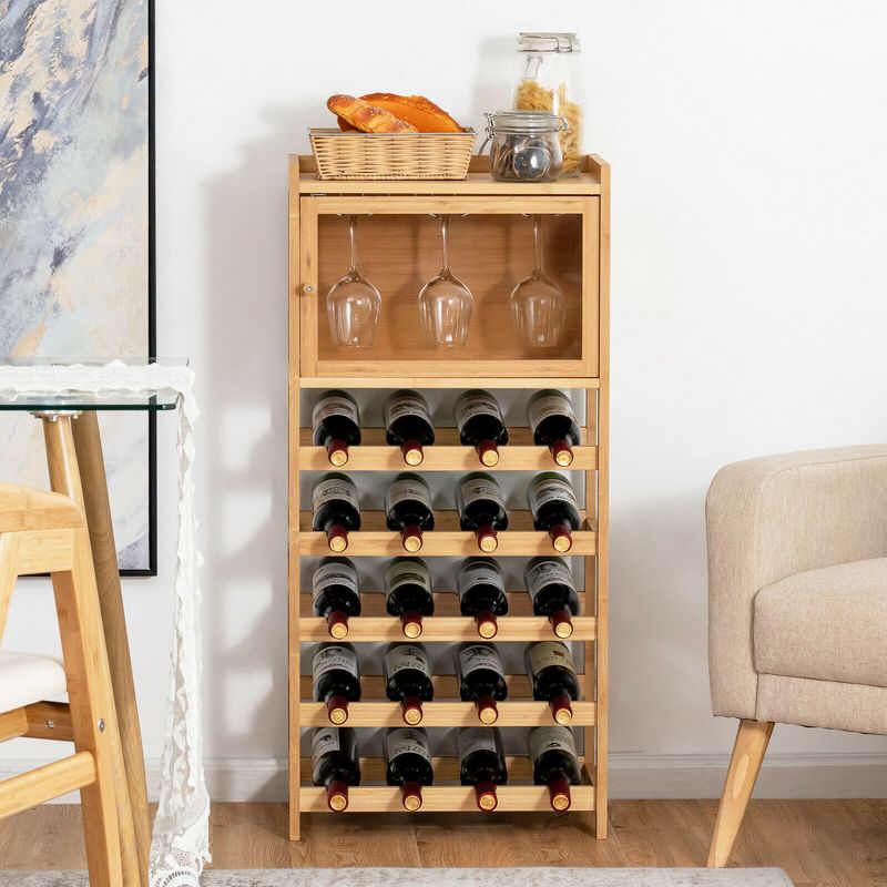 Costway 20-Bottle Bamboo Wine Rack Cabinet Freestanding Display Shelf w/ Glass Hanger, 4 of 11