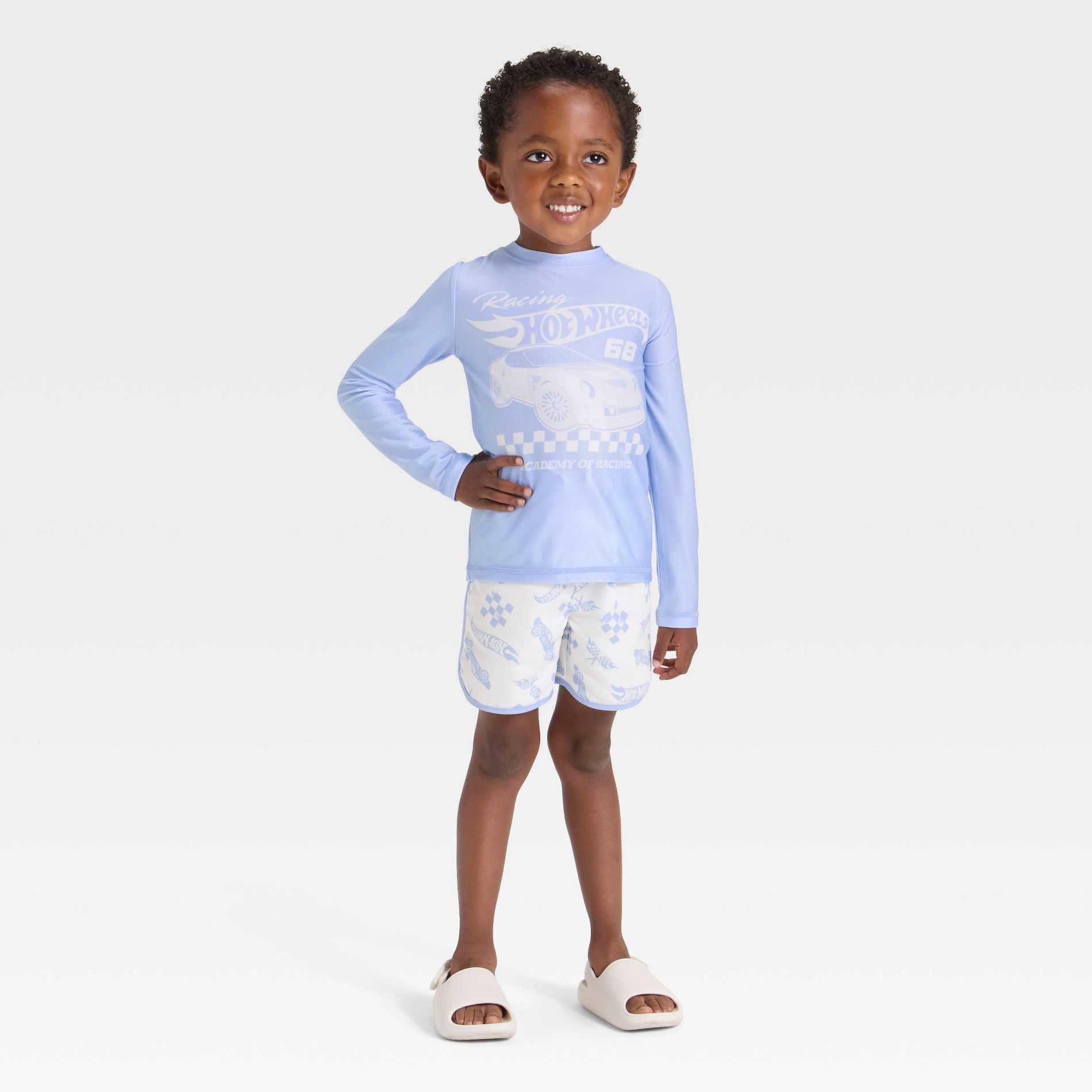 Toddler Boys' Hot Wheels Racing Long Sleeve Rash Guard Swim Set - Light Blue