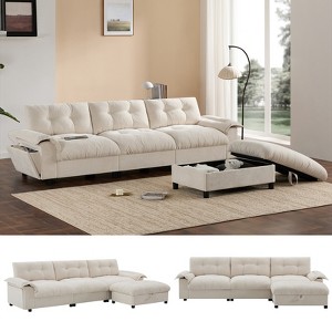 TIRAMISUBEST 104*60" L Shape Chenille Sectional Sofa with Dual-Port Charging, Cup Holder, Side Storage Pockets Pull Out Bed Flip Table - 1 of 4