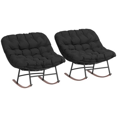 Outsunny Outdoor Rocking Chair Set of 2, Oversized Rocking Papasan Chairs with Cushions, Black