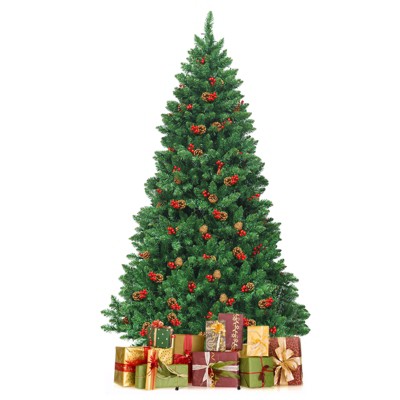 Tangkula 6.5 FT Pre-lit Hinged Christmas Tree with 450 LED Lights & Pine Cones Red Berries