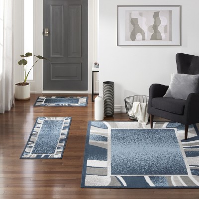 Blue and Grey Abstract Border Synthetic Area Rug Set