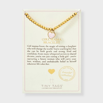 Tiny Tags 14K Gold Ion Plated with Pink Swirl Enamel "Girl Mama" Beaded Stretch Bracelet - Gold/Pink