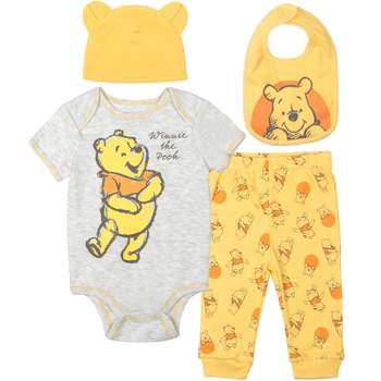 Disney Winnie the Pooh Baby Bodysuit Pants Bib and Hat 4 Piece Outfit Set Newborn to Infant
