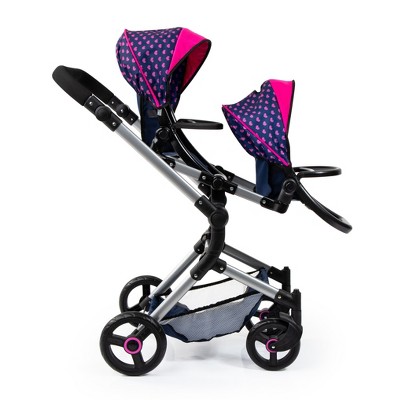 Blue and Pink Twin Doll Pram with Unicorn Design, 18 Inch