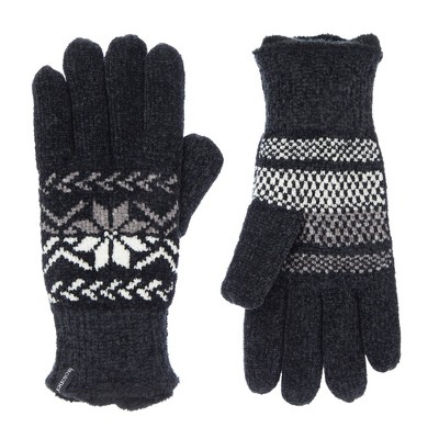 Isotoner Snowflake Chenille Gloves - Black: Acrylic Knit, Ribbed Cuffs, Full Lining, One Size Fits Most