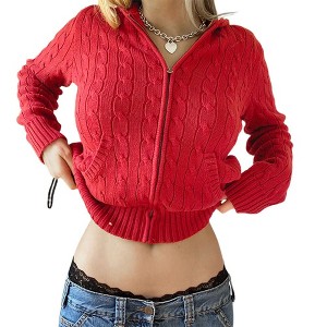 Coolmee Women's Zip Up Hooded Crop Cardigan Cable Knit Hoodies Long Sleeve Sweater Jacket - 1 of 3