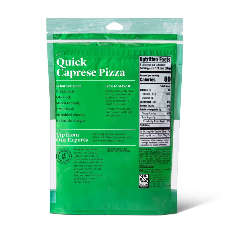 A green package labeled "Quick Caprese Pizza" with instructions and a nutrition facts panel showing 80 calories per serving.