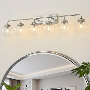 POWLIG 45.28-in 6-Light Nickel Bathroom Light Fixtures Over Mirror Vanity Lighting with Clear Glass Globe Shades - 1 of 4
