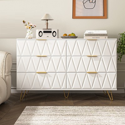 Hommoo Modern 6 Drawer Dresser with 3D Carved V-Shaped Pattern White