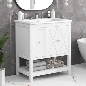 30" Bathroom Vanity With Sink Top, 2 Doors 1 Drawer 1 Bottom Open Shelf, Solid Wood Frame Bathroom Cabinet Vanity, Freestanding Cabinet - 1 of 4