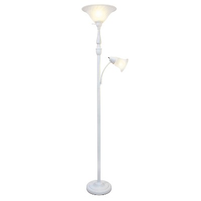 Elegant White Torchiere Floor Lamp with Marble Glass Shade and Reading Light