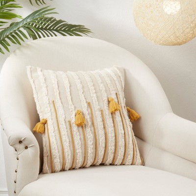 Beige Cotton Tassel and Tufted 20" Square Throw Pillow Cover