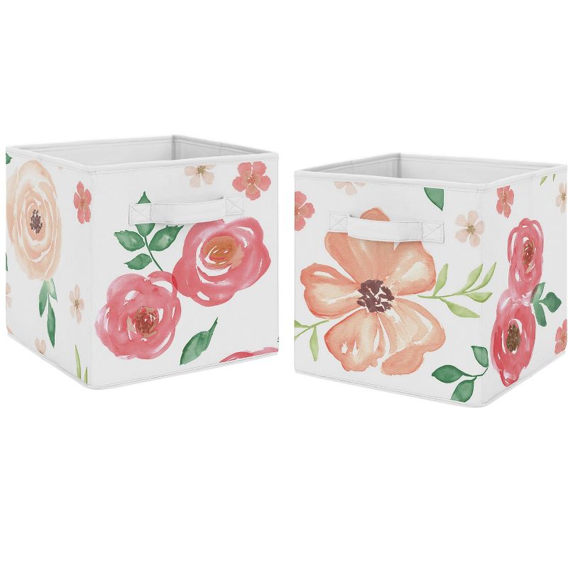 Sweet Jojo Designs Girl Set of 2 Kids' Decorative Fabric Storage Bins Watercolor Floral Peach Pink and Green, 1 of 5
