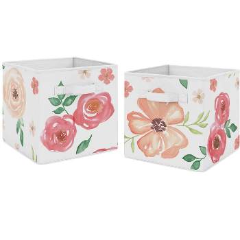 Sweet Jojo Designs Girl Set of 2 Kids' Decorative Fabric Storage Bins Watercolor Floral Peach Pink and Green