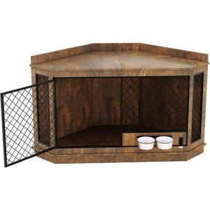 51.3" Corner Dog Crate Furniture with 360° Rotating Feeder, Wooden Dog Kennel End Table with Double Doors - 1 of 4