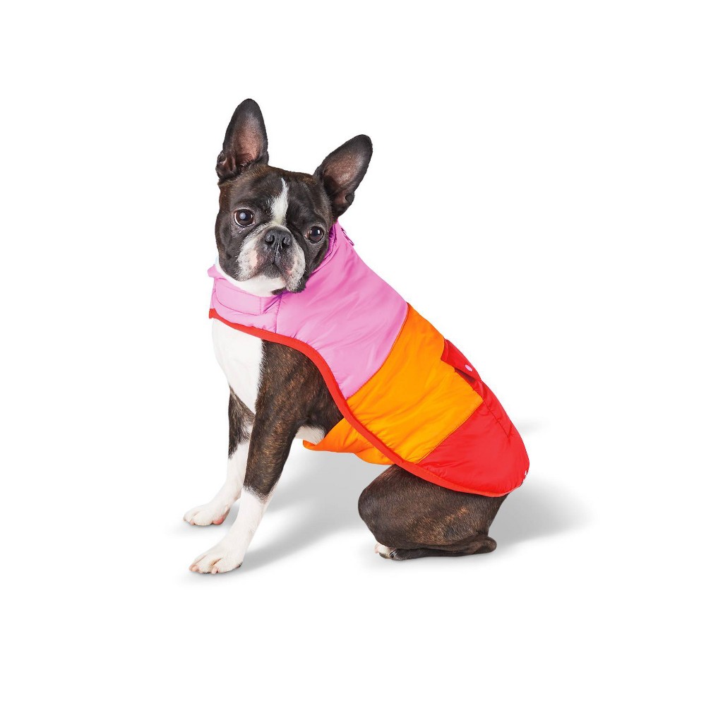 size small Dog and Cat Color Block Puffer - Red/Orange/Pink- LEGO Collection x Target