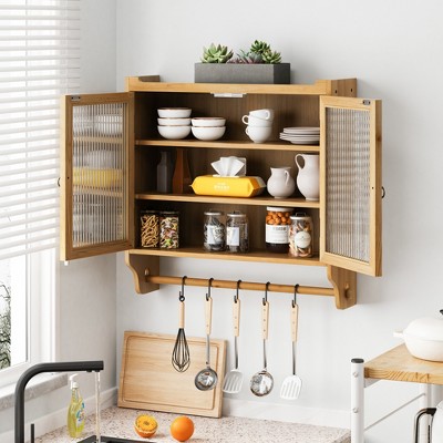 24.8''Glass Door Vintage Double Door Wall Cabinet With Three Tiers of Storage With Towel Rack