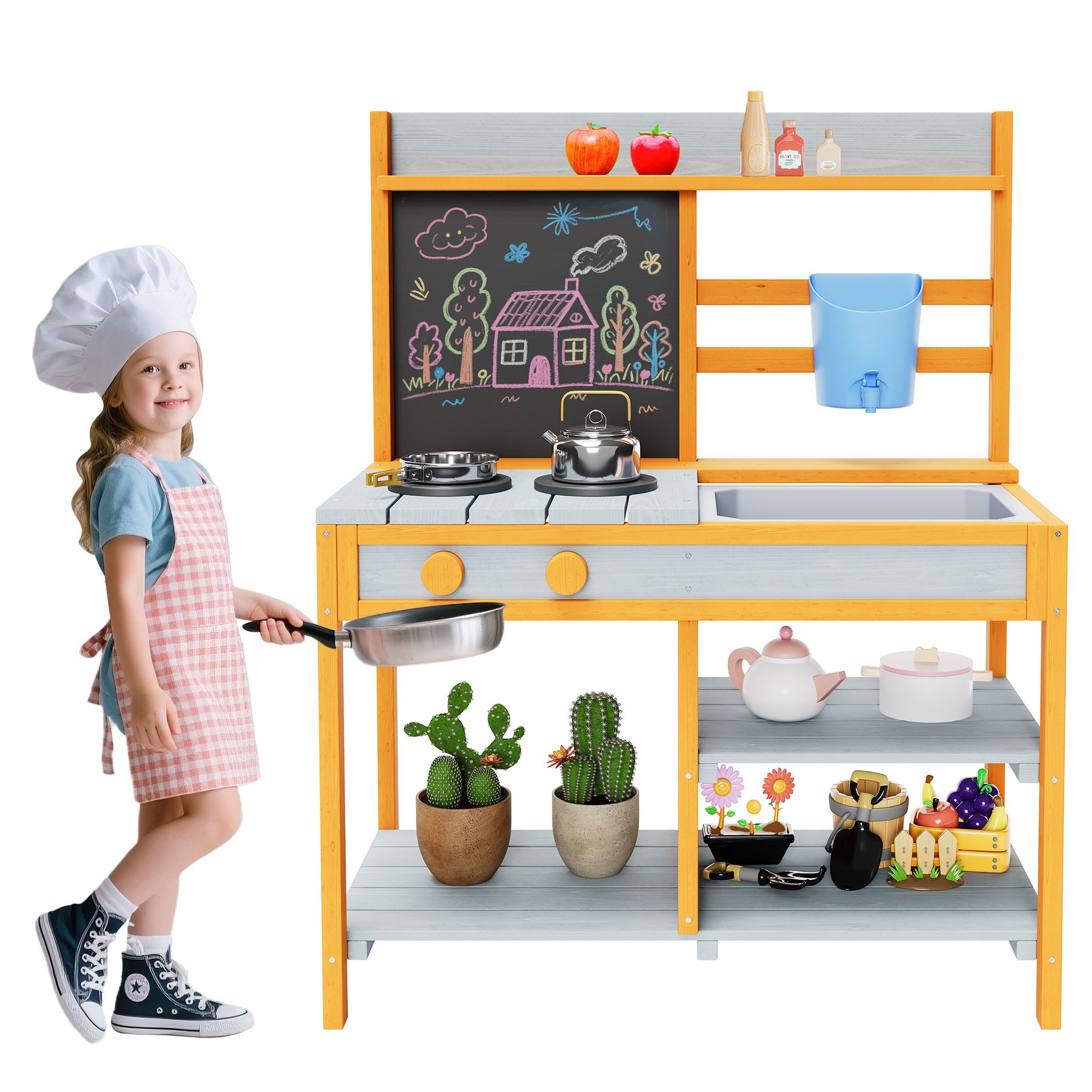 Wood Outdoor Play Kitchen, Kids Mud Kitchen with Water Faucet, Chalkboard, Removable Sink, 2 Pretend Stoves&Storage Shelves,Toddler Playset for Kids