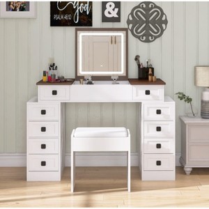 NicBex Vanity Desk with Mirror Farmhouse Vanity with Large Mirror and 10 Drawers, Makeup Table Desk Set with Cushioned Stool for Bedroom, White - 1 of 4