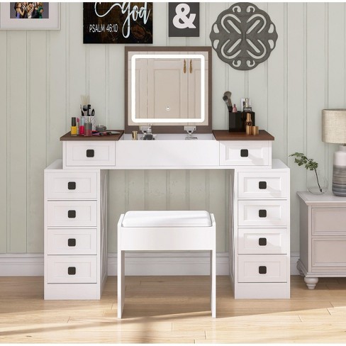 NicBex Vanity Desk with Mirror Farmhouse Vanity with Large Mirror and 10 Drawers, Makeup Table Desk Set with Cushioned Stool for Bedroom, White - image 1 of 4