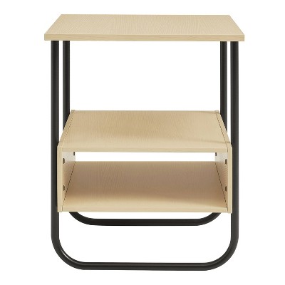 Light Maple and Black Metal Modern End Table with Open Shelf