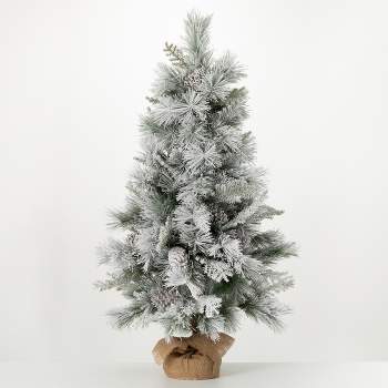 4.1' Sullivans Flocked Pine Tree In Burlap, Green Christmas Tree