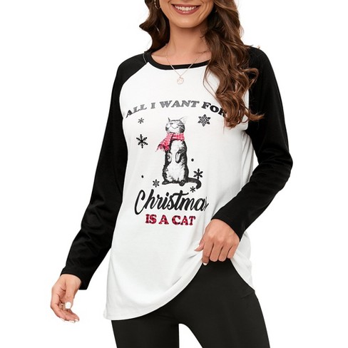 Merry Christmas Sweatshirts For Women Pattern Cute Long Sleeve Raglan Baseball Pullover Top - image 1 of 4