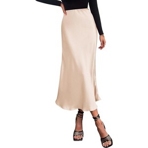 Women's 2025 Satin Midi Skirt - Elegant High Waist A-Line for Cocktail & Wedding Events Beige - 1 of 4