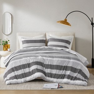 3Pcs Stripe Print Comforter Sets, Contemporary Style Lightweight Fluffy Bedding, Premium Textile Bed Set with Matching Shams - 1 of 4