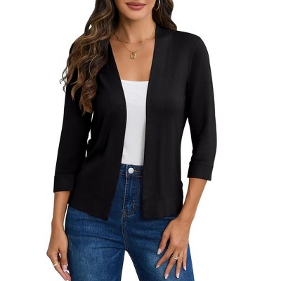 Women's 3/4 Sleeve Sweater Shrugs Cropped Sweater Cardigan Open Front Shrugs Cardigans Lightweight Sweaters Tops,Black - S