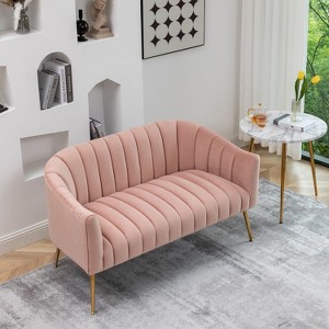 SEYNAR Modern Glam Comfy 50" Metal Legs Curved Sofa 2 Seaters Loveseat with Tufted Back - 1 of 4