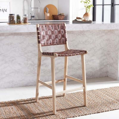 Cognac Leather and Natural Wood Counter Stool