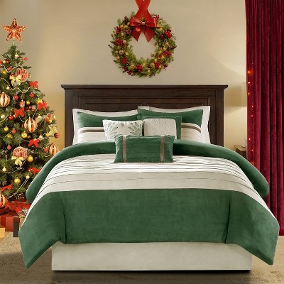 7 Pcs Bed in a Bag Luxury Faux Suede Design Premium Comforter Set, Striped Accent All Season Bedding, Royal Vintage Style Bed Set with Pillow Cases