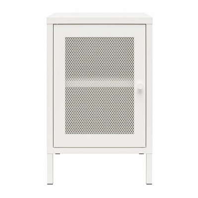 White Metal End Table with Perforated Mesh Door and Storage