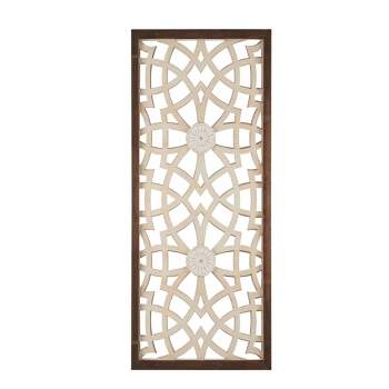 15.75" x 37.75" Damask Carved Wall Sign Panel Wood Cream/Brown