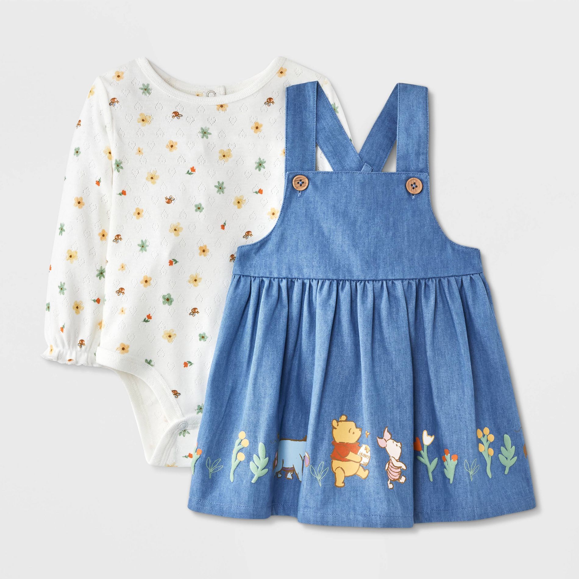 Baby Girls' 2pc Disney Winnie The Pooh Long Sleeve Bodysuit and Chambray Dress Set