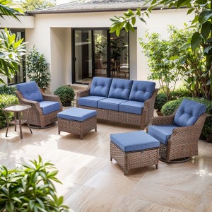 POCASSY 6PCS Outdoor Furniture Set with 6" Thick Cushion, Outdoor Sofa Couch Set with Swivel Chairs and Ottoman, Brown Wicker Patio Furniture Set - 1 of 4