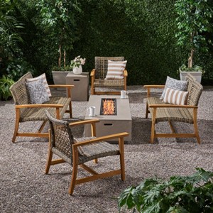 Christopher Knight Home Augusta Outdoor Acacia Wood and Wicker 6 Seater Chat Set with Fire Pit - 1 of 4