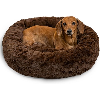 Original Calming Donut Dog and Cat Bed, Shag Faux Fur, Taupe, (30in x 30in) - Anxiety Relief for Pets Up to 45 lbs