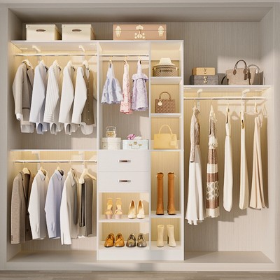 Aheaplus 96'' W Closet Organizer with 13 Shelves, DIY Closet System with Drawers and Hanging Rods