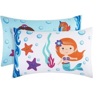 Everyday Kids 2-Pack Standard Pillowcases 20x26” - 100% Soft Microfiber - Toddler Girl Twin/Full Bed - Mermaid Design - 1 of 4