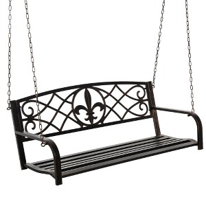 Outsunny Steel Hanging Porch Swing, Fleur-de-Lis Design Outdoor Swing Seat Bench with Chains for the Yard, Deck, & Backyard, 485 LBS Weight Capacity - 1 of 4
